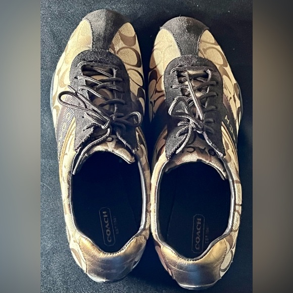 Brown and tan coach sneakers for women. Gold back and trim - Picture 4 of 6